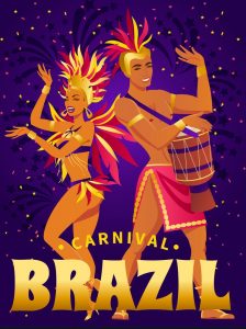 Brazil carnival poster with beautiful brazilian girl in exotic costume dancing samba on background vector illustration